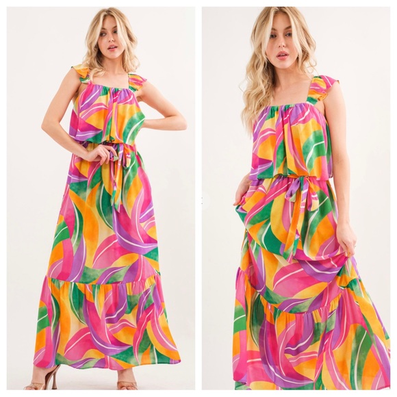 05 Boho Multi Color Ruffle Sleeve Tiered Maxi Dress - Picture 4 of 5